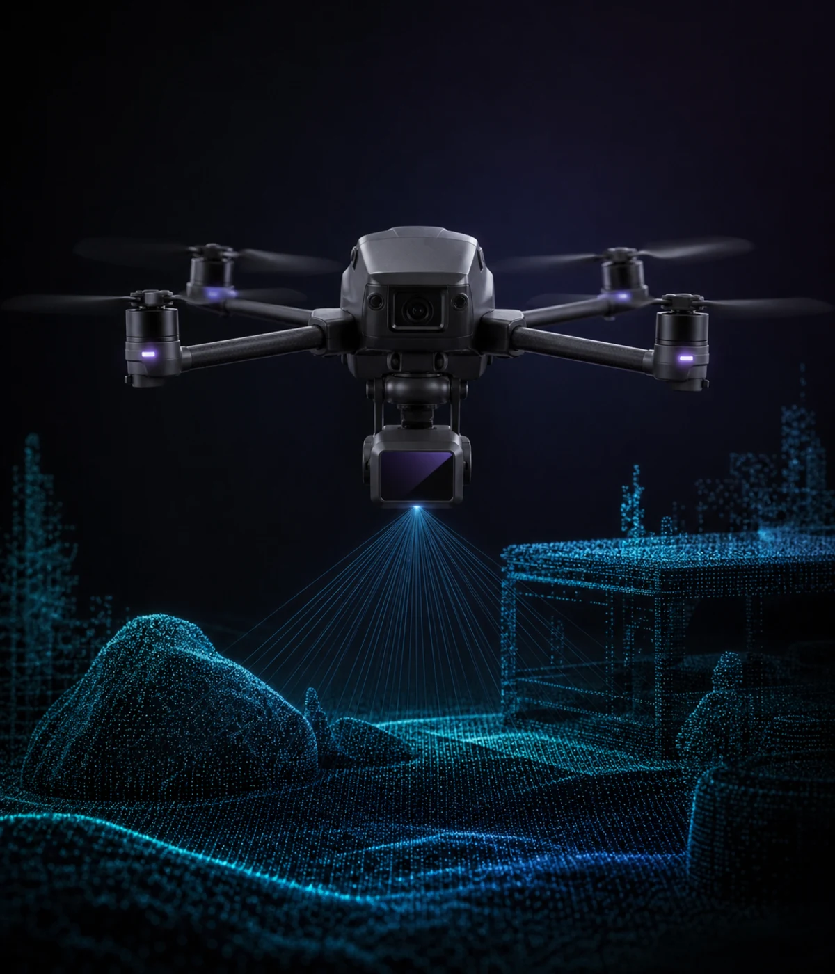 lidar drone module for UAV obstacle awareness with blue point cloud sensing field