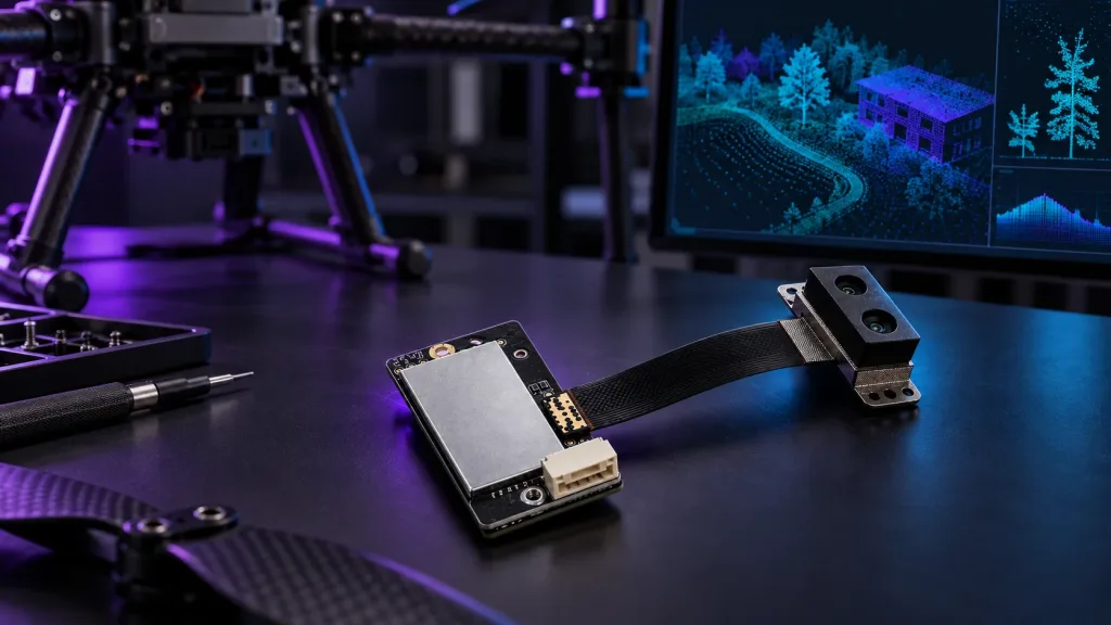 MRP-LD1 drone LiDAR module beside a UAV and point-cloud engineering display